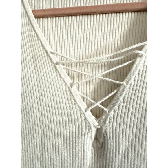 MINNIE ROSE Creamy White Lace-Up V-Neck Cotton-Silk Ribbed Top Shirt - Sz M - Picture 2 of 5